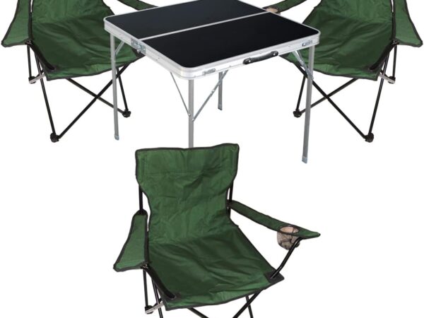 4tlg. Campingmöbel Set Alu 80x80x70cm 1x Campingtisch schwarz mit Tragegriff + 3 Anglerstühle, Faltstühle Campingstühle Grün