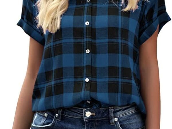 GeGekoko Damen Kariert Bluse Kurzarm Oberteile Casual Lose V-Ausschnitt Hemdbluse zum Knöpfen Summer Tunika T-Shirt Tops