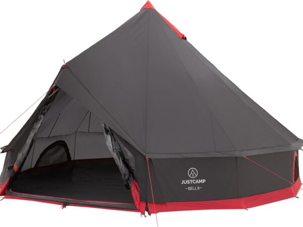 JUSTCAMP Bell Tipi Zelt für Familien Gruppen - 4 Größen (4-12 Pers.) - wasserdicht (3.000 mm) - mit Stehhöhe - 2 Farben (grau, Mint)