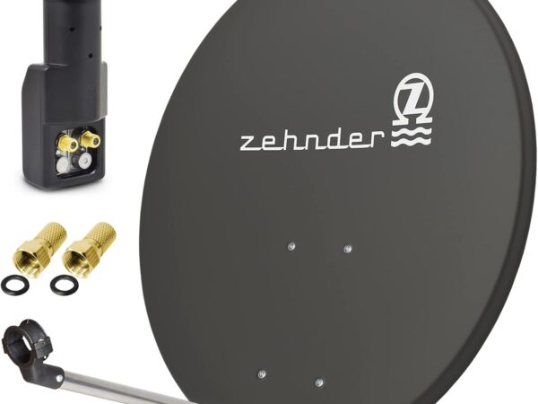 Zehnder 80cm Spiegel Schüssel Stahl + Twin LNB | 2 Teilnehmer SAT Anlage HD Digital Set anthrazit | DVB-S/S2 Full HDTV 3D 4K Ultra HD UHD Empfang