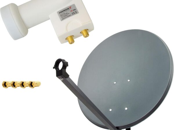 PremiumX Satelliten-Komplettanlage 60cm Satellitenschüssel SAT Antenne Anthrazit Satellitenantenne Twin LNB 4X F-Stecker 2 Teilnehmer