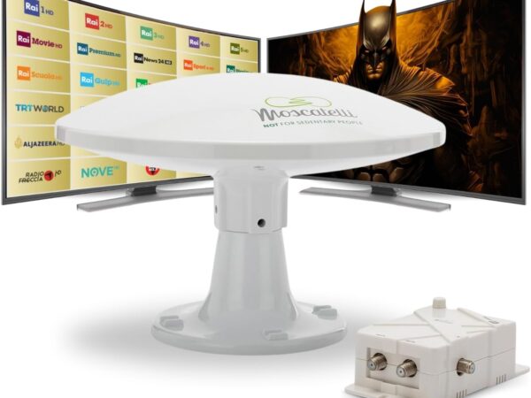 MOSCATELLI Omnidirektionale terrestrische DVB DVBT2 Outdoor Camping Antenne für Wohnmobile und Wohnwagen - 12/24/220V - Kit mit Kabeln, Verstärker und LTE Filter. Wasserdicht, UV-Schutz