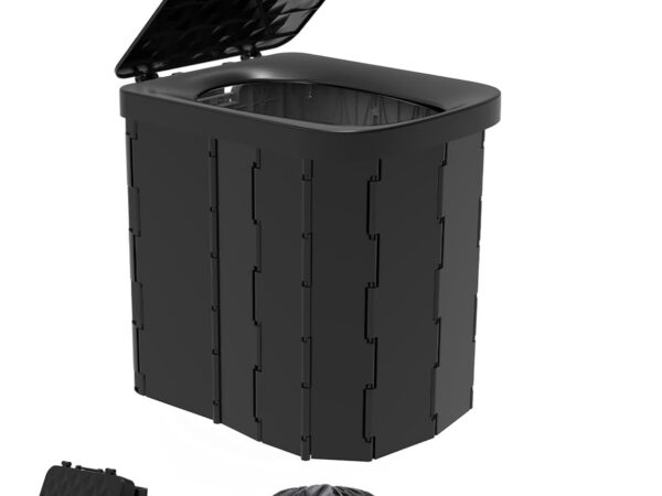 Hapoon XL Tragbare faltbare Campingtoilette – Reisetöpfchen für Erwachsene, 12 Toilettenbeutel, 12 Stück flüssiges Abfallgel, schwarz