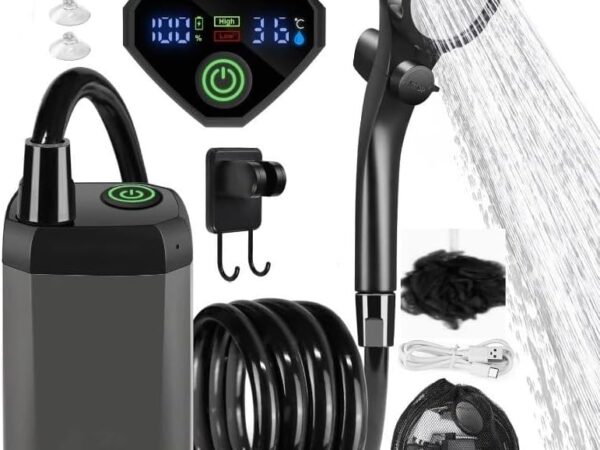 Tragbare Camping-Dusche, wiederaufladbare Camping-Duschpumpe, 6000 mAh, mit LED-Display, Temperaturüberwachung, 4 Wassermodi, für Outdoor-Wandern, Haustierwäsche, Autoreinigung (grau)