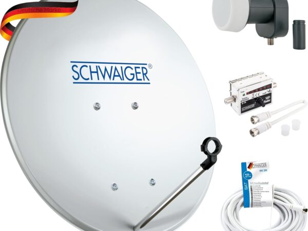 SCHWAIGER SAT-Anlage Komplett-Set digital Satelitenschüssel Single LNB Satelliten-Kabel 10m SAT-Finder Sat Antenne Stahl 40cm inkl. Montagezubehör Sat-Schüssel klein 1-Teilnehmer-Anlage