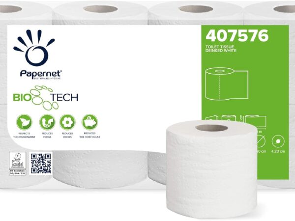 Papernet Bio Tech - Toilettenpapier (407576s), 1 Packung mit 8 Rollen aus selbstauflösendem Toilettenpapier, bekämpft auf natürliche Weise krankheitserregende Bakterien, 2 Lagen, 250 Blatt