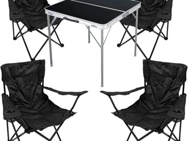 5tlg. Campingmöbel Set Alu 80x80x70cm 1x Campingtisch schwarz mit Tragegriff + 4 Anglerstühle, Faltstühle Campingstühle Schwarz