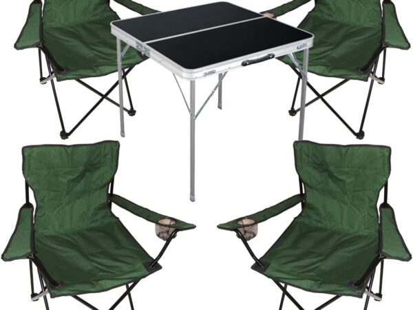 5tlg. Campingmöbel Set Alu 80x80x70cm 1x Campingtisch schwarz mit Tragegriff + 4 Anglerstühle, Faltstühle Campingstühle Grün