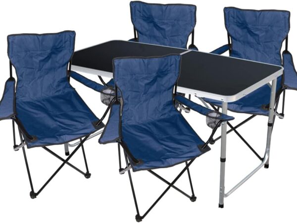 Mojawo 5tlg. Campingmöbel Set Alu B120xT60xH58/70cm, 1x Campingtisch schwarz mit Tragegriff + 4 Anglerstühle, Faltstühle Campingstühle Blau