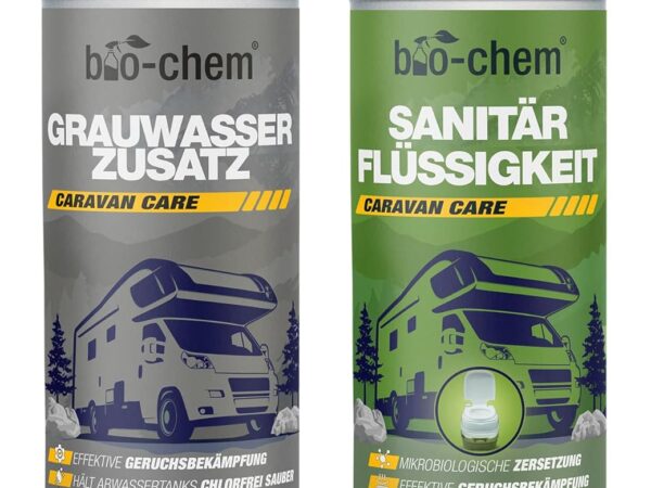 bio-chem 2-teiliges Campingtoiletten-Set – Bio Sanitärflüssigkeit 1 l + Grauwasser-Zusatz 1 l Sanitärzusatz für mobile Toiletten und Chemietoiletten WC-Reiniger
