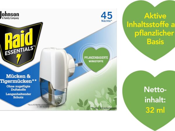 Raid Essentials Mückenstecker 45 Nächte, Elektrischer Insekten-Schutz vor Mücken & Tigermücken, mit pflanzlichen Wirkstoffen, geruchsneutral, 1er Pack (1 x 32 ml)