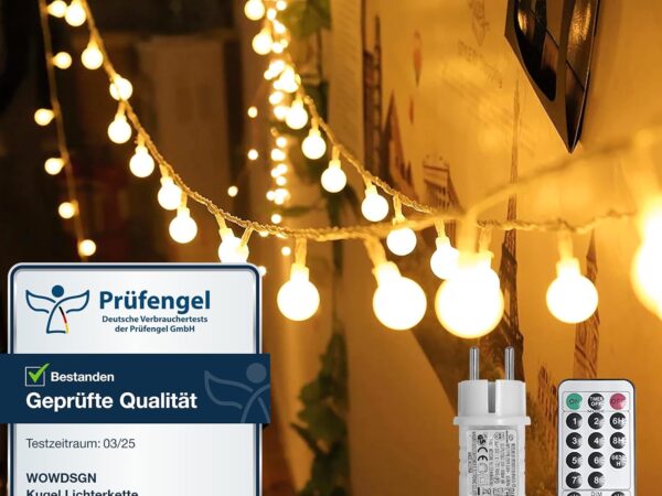 Kugel Lichterkette, WOWDSGN 200 LEDs 20m Dimmbar, Partylichterkette mit Stecker für Innen und Außen, 8 Leuchtmode, Enegiesparend, ideal für Weihnachten, Hochzeit, Party, Garten, Warmweiß