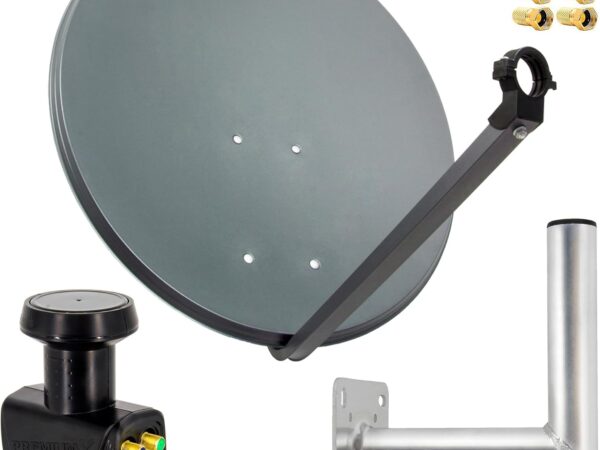 Premium X Satelliten-Komplettanlage 80cm Satellitenschüssel Anthrazit Quad LNB 8X F-Stecker Wandhalter 25cm - 1 SAT 4 Teilnehmer