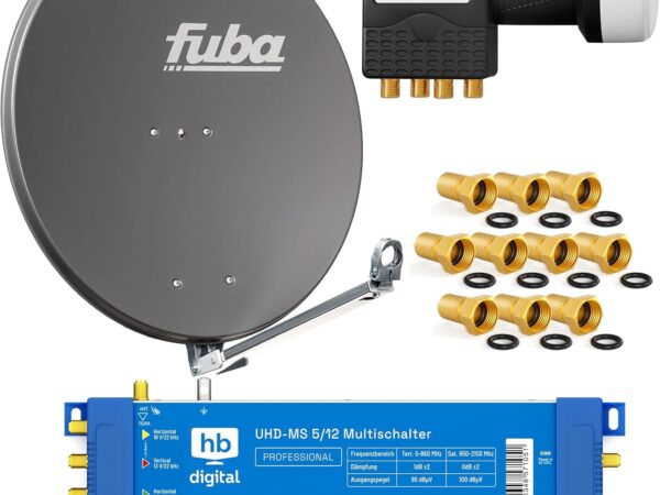 Profi-Sat-Anlage: Fuba 80cm Satellitenantenne DAL 800A anthrazit Aluminium Reflektor + HB-DIGITAL 5/12 Multischalter (1 Satellit / 12 Teilnehmer Multiswitch) + UHD Quattro LNB + vergoldete F-Stecker