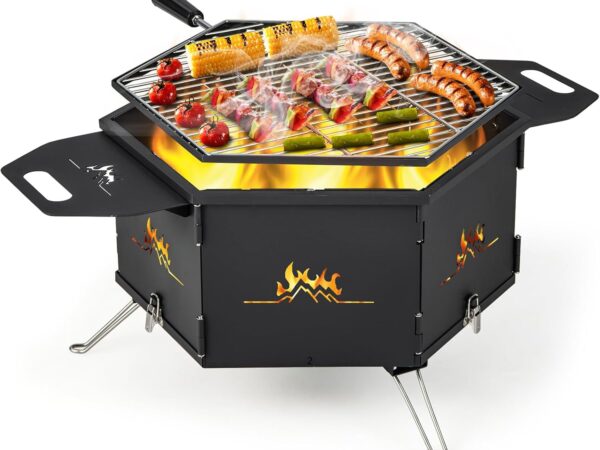 GYMAX 2 in 1 Holzkohlegrill klappbar & Feuerkorb, großer Campinggrill mit verstellbarem Grillrost & Lüftungslöchern, Grill zum Heizen & Grillen, Klappgrill für Partys, Camping & Picknicks