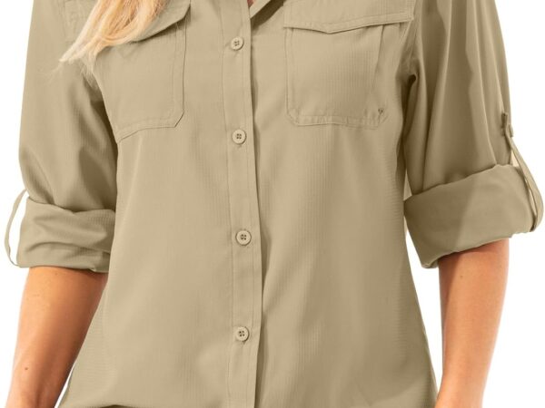 Asfixiado Damen Hemdbluse UV Shirt UPF 50+ Safari Kleidung Wanderbluse Damen Outdoor Cooling Quick Dry Sonnenschutz Langarm Luftiges Hemd