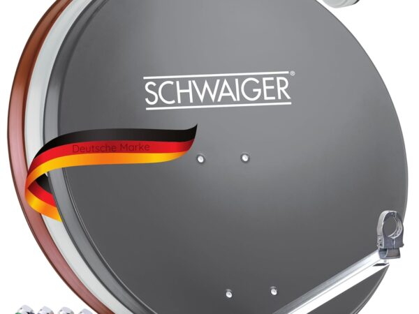 SCHWAIGER Satellitenschüssel Komplettset mit Quad LNB digital HD 4K Stahl SAT Anlage 75cm Anthrazit Masthalterung F-Stecker Montagematerial Astra Hotbird Eutelsat Türksat Amos