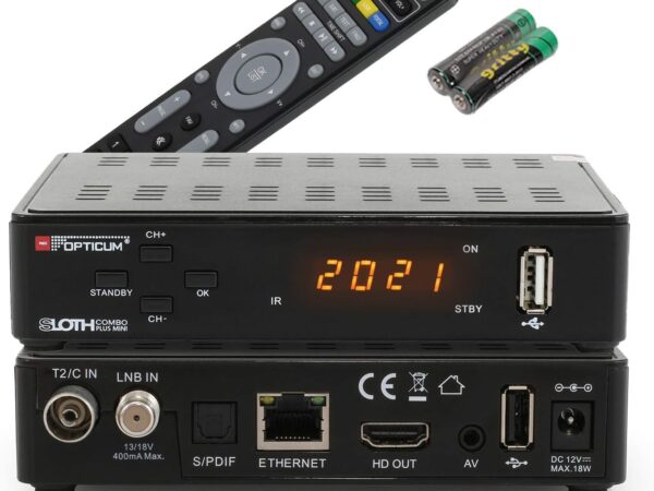 RED OPTICUM Sloth Combo Plus Mini I DVB-C DVB-T2 & DVB-S2 Receiver mit Aufnahmefunktion PVR I Kombi-Receiver HD mit LED Display - HDMI - S/PDIF - Ethernet - USB - IR Sensor - 12V Netzteil
