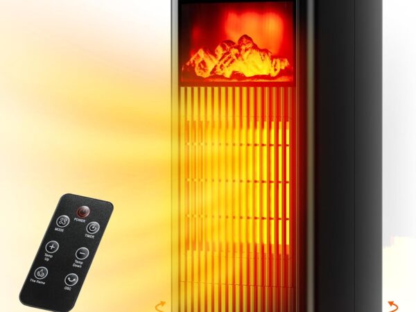 LIFERUN Heizlüfter Energiesparend Leise, 1500W Heizung Elektrisch mit 3D Flammenlicht, 4 Modus 12 Std. Timer, Fernbedienung, 90° Oszillierend Elektroheizung, Überhitzungs- & Kippschutz