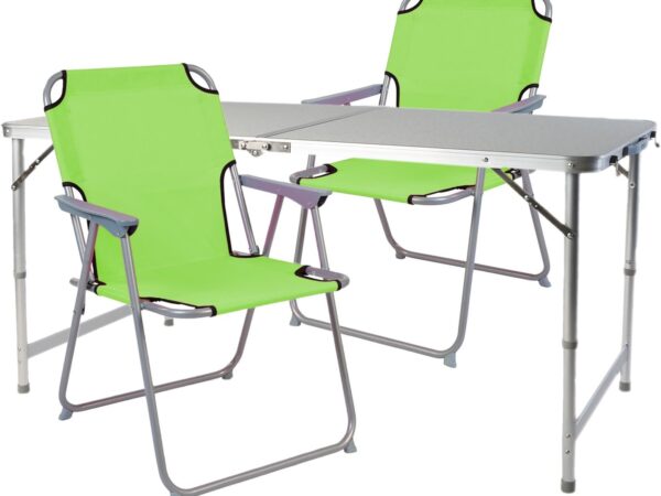 Mojawo 3tlg. Campingmöbel Set Alu 120x60x58/70cm 1x XXL Campingtisch mit Tragegriff + 2 Campingstühle Limegrün Stoff Oxfort