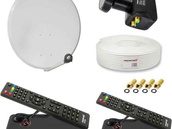 PremiumX Satelliten-Komplettanlage für 2 Teilnehmer 60cm Satellitenschüssel Twin LNB 25m Antennenkabel 2X TV Sat-Receiver FullHD