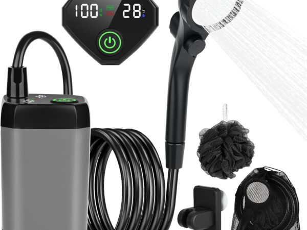 GuKKK Tragbare Campingdusche mit Pumpe, Camping Dusche mit Wiederaufladbarem 7800mAh Akku und Temperaturanzeige, Mobile Outdoor Duschen mit Einstellbar Duschkopf und 2M Schlauch, für Camping Reisen