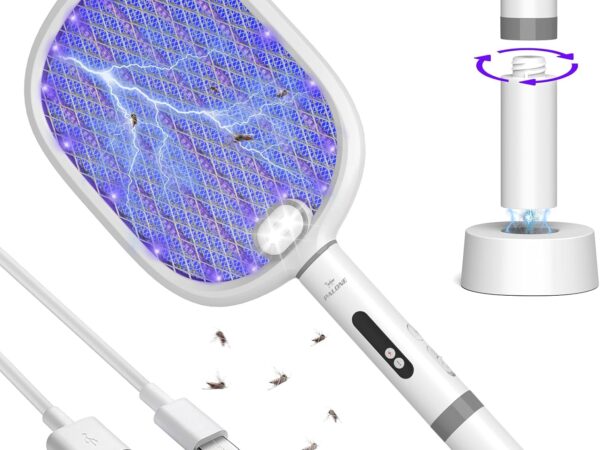 PALONE Elektrische Fliegenklatsche 4000V mit 2 Type-C, Abnehmbar Tragbar 1800mAh Wiederaufladbar Fliegenklatsche Elektrisch, Nacht LED UV Insektenvernichter Elektro Mückenklatsche