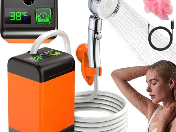 Tragbare Campingdusche Akku mit Pumpe, Camping Dusche mit Wiederaufladbarem 7800mAh Akku und Temperaturanzeige, Mobile Duschen Set mit Duschkopf und Schlauch für Wandern, Camping, Reisen, Strand