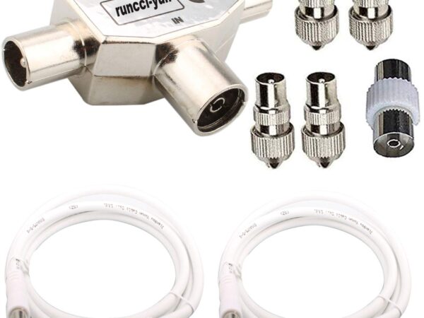 RUNCCI-YUN Koaxial verteiler 2-Fach,Antennen Verteiler, BK Verteiler 0-1000 MHz für DVB-T/BK,T-Adapter Verteiler für Kabelfernsehen+5 xTV-Antennen-Koaxialstecker+2pcs Antennen Verteiler Kabel