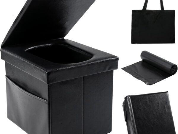 Campingtoilette Faltbar, Hochwertiges Leder Mobile Camping Toilette WC Klo Klapptoilette für Outdoor Unterwegs, Notfall, Camping, Staus, Zelten, Festivals (Schwarz)