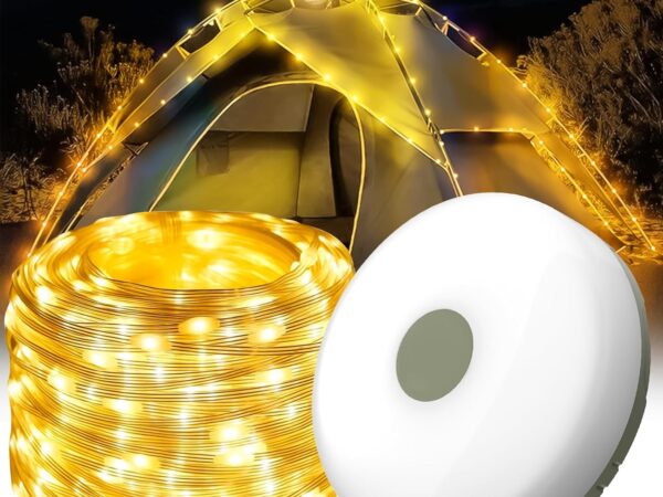 FUFRE Wasserdichte Tragbare Verstaubare Lichterkette für den Außenbereich, 10M LED Camping Lichterkette Aufrollbar Aussen Batterie Wasserdicht USB Wiederaufladbare Campinglampe
