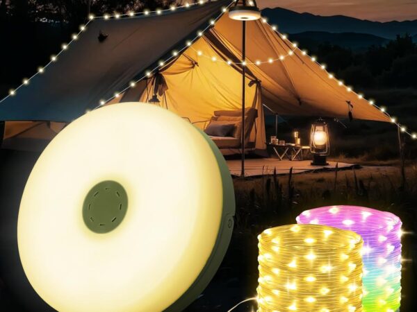 Yizhet 10m Camping Lichterkette Aufrollbar Outdoor Wasserdicht Lichterkette mit 9 Beleuchtungsmodi Tragbare Wiederaufladbare Led Lichterkette für Camping, Zelt Hof Dekor