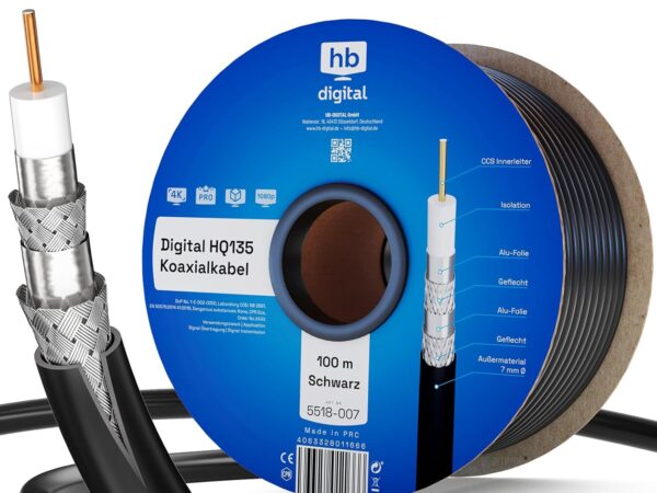 HB-DIGITAL 100m SAT Koaxial Kabel 135dB 8K 4K UHD 4-Fach geschirmt für DVB-S / S2 DVB-C / C2 DVB-T / T2 DAB+ Radio + inkl. 10x vergoldete F-Stecker BK Anlagen - Stahl/Kupfer Innenleiter - Schwarz