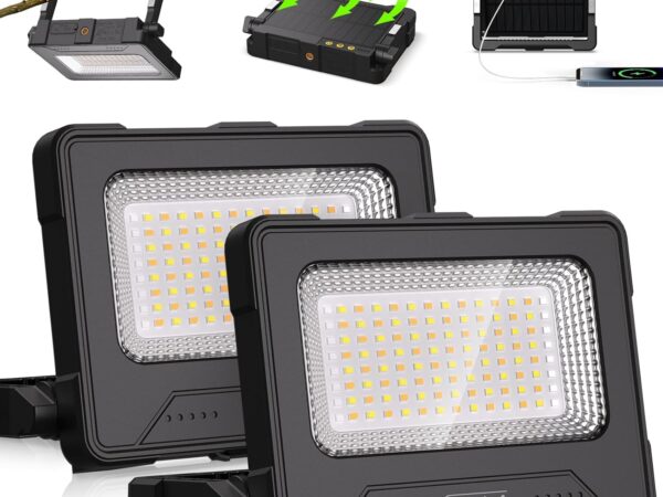 CLV 100W LED Baustrahler 12000MAH Led Arbeitsleuchte Akku Strahler 4 Lichtmodi Campinglampe Tragbar 5 Helligkeiten Solar USB-Aufladung Akku Lampe PowerBank für Camping, Garage, Bau, Reparatur, Notfall