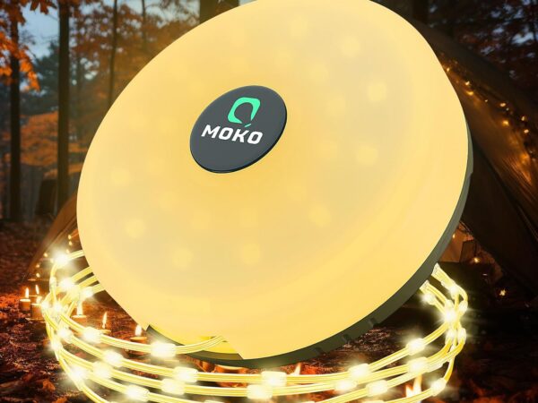MoKo Camping Lichterkette Aufrollbar, 3-in-1 Tragbare Wiederaufladbare LED Lichterkette mit 8 Beleuchtungsmodi, wasserdichte Campinglampe Taschenlampe für Zelt Camping Hof Dekoration (10M)