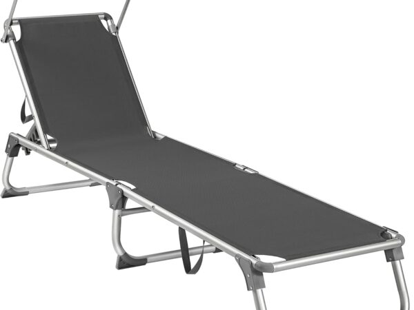 SONGMICS Sonnenliege mit Dach, Liegestuhl, Gartenliege, Aluminium, Rückenlehne verstellbar, klappbar, leicht, 55 x 193 x 31 cm, bis 150 kg belastbar, Garten, Balkon, Terrasse, rauchgrau GCB19GYV1