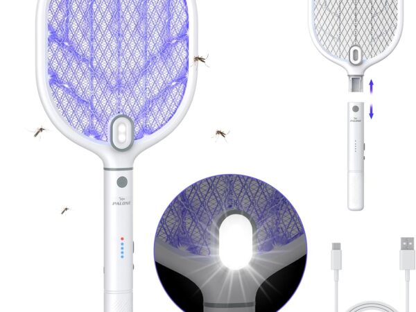 PALONE Elektrische Fliegenklatsche Extra Stark 4000V mit 2 Type-C, 1800mAh Wiederaufladbar Fliegenklatsche Elektrisch, Nacht LED Abnehmbar UV Insektenvernichter Elektro Mückenklatsche