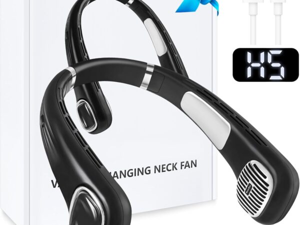 USB Ventilator Hals Akku Leise Stark mit LCD, Nackenventilator Tragbarer Klein 5 Stufen 360° Verstellbar, Halsventilatoren Aufladbar Mini Nacken Ventilator für Unterwegs Reise Camping Büro Schwarz