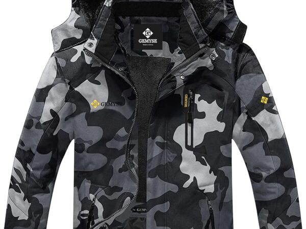 GEMYSE Herren Wasserdichte Berg-Skijacke Winddichte Fleece Outdoor-Winterjacke mit Kapuze