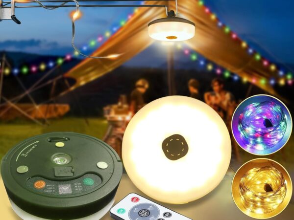 QSPORTPEAK Camping Lichterkette Aufrollbar, 3-in-1 Tragbare Wiederaufladbare LED Lichterkette mit 8 Beleuchtungsmodi, Wasserdichte Campinglampe Taschenlampe für Camping, Hof und Wandern