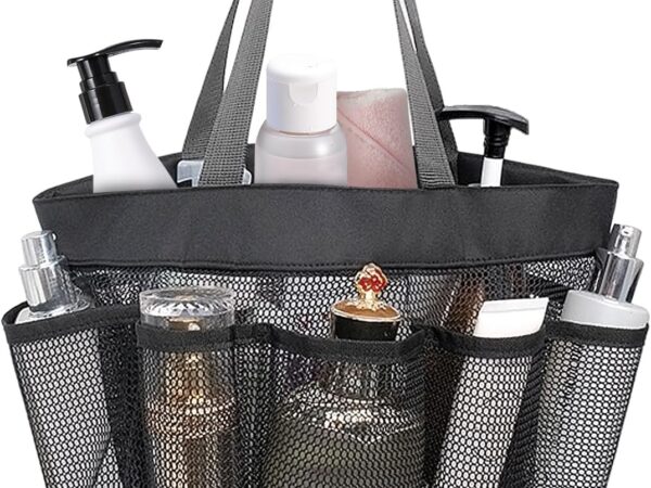 FuninCrea Duschtasche, Faltbare Tragbare Kulturtasche mit Griff Multifunktionale Strandtasche aus Mesh mit 8 Fächern für Camping Heimaufbewahrung für Toilettenartikel Kleidung (Grau)