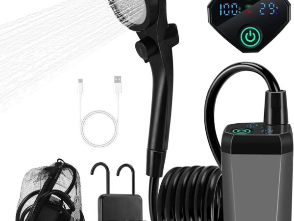 Campingdusche Tragbare mit Pumpe, Camping Dusche mit Wiederaufladbarem 6000mAh Akku und Temperaturanzeige, Mobile Duschen Set mit Duschkopf und Schlauch für Camping,Reisen,Strand, Garten, Autowaschen