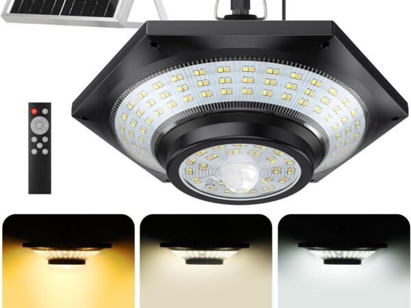 FabStyl Solar Hängeleuchte 5W 4000LM mit Bewegungsmelder Solarlampen Pendelleuchte für Außen Innen, 228LED, 4400mAh, IP65 Wasserdicht,Warm/Natur/Kaltweißes Licht, 5 Modi für Garten Pergola Garage