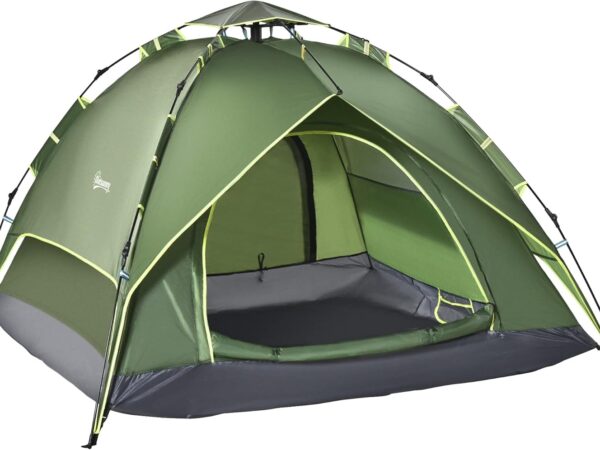 Outsunny Doppelzelt Campingzelt Outdoorzelt Familienzelt Quick-Up-Zelt 2 Erwachsene + 1 Kind 4 Jahreszeiten wasserdicht Tragetasche 2 Türen Polyester + Glasfaser Dunkelgrün 210 x 210 x 140 cm