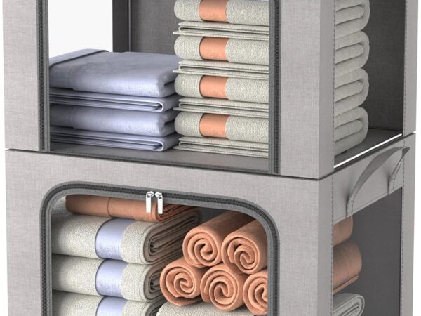 FUSACONY 2 Stück Aufbewahrungsbox kleidung, Faltbare Kleideraufbewahrung Box mit Metallrahmen und 3 Fenster, Aufbewahrungstasche für Bettdecken Decken Kleidung, Grau (66L)