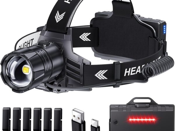 Glarylight Stirnlampe LED Wiederaufladbar, Superhell 120000 Lux Kopflampe mit 5 Lichtmodi & IPX7 Wasserdicht & 9000mAh AKKU & Zoombar, 120° Einstellbar Stirnlampen für Camping, Angeln, Outdoor