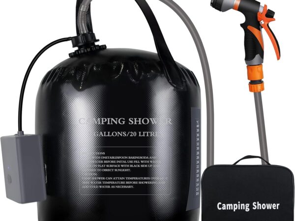 koopsmate Tragbare Campingdusche Solarbeheizt 20L Trinktasche LED-Licht USB-Aufladung 8 Sprühmodi Eingebautes Thermometer Geeignet für Wandern/Rucksackreisen, Camping, Reisen, Strand, Haustier, Blüte