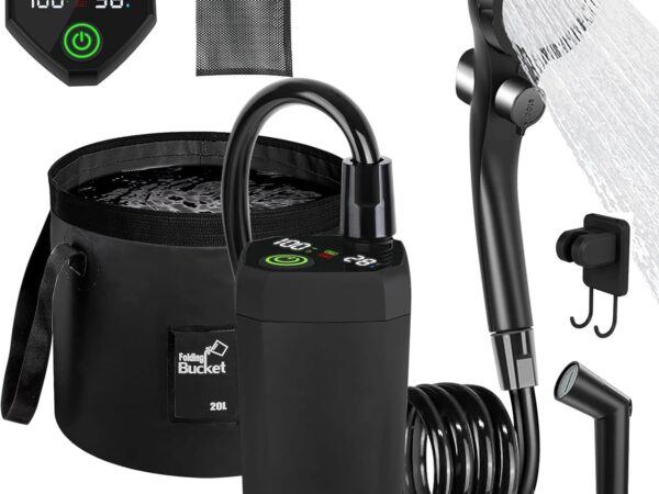BORDEAG Tragbare Campingdusche mit Akku 6000mAh Wiederaufladbar, Camping Dusche mit Pumpe, Duschkopf, Klappbarer Eimer, Outdoor Mobile Duschen, Außenduschen für Autowaschen, Reisen, Strand, Camping