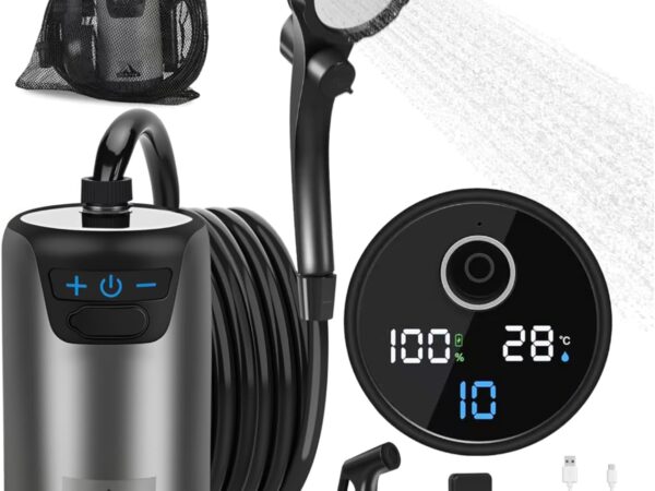 TINIFO Campingdusche mit Pumpe, Tragbare Camping Dusche mit wiederaufladbarem 8000mAh Akku, Mobile Dusche mit Temperaturanzeige, 2m Schlauch für Camping, Autowaschen, Gartendusche und Haustierwäsche