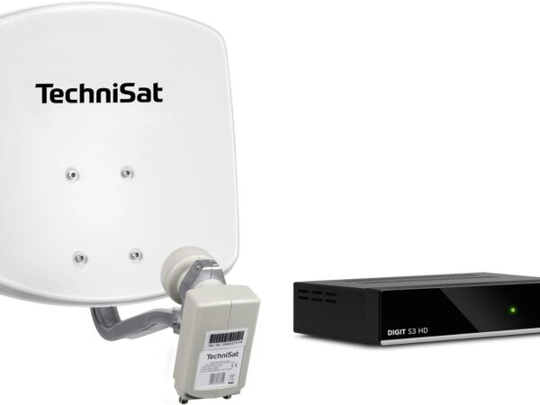 TechniSat DIGIDISH 33 – Satelliten-Schüssel Komplettset mit HD Receiver (33 cm Sat-Anlage mit Wandhalterung, Universal Twin-LNB für bis zu 2 Teilnehmer, 10 m Kabel und Sat-Receiver) weiß
